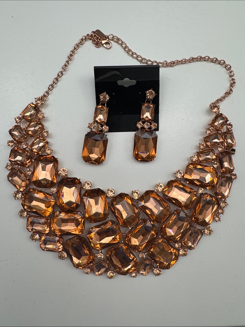Statement Rose Gold Amber Crystal Necklace & Earring Set